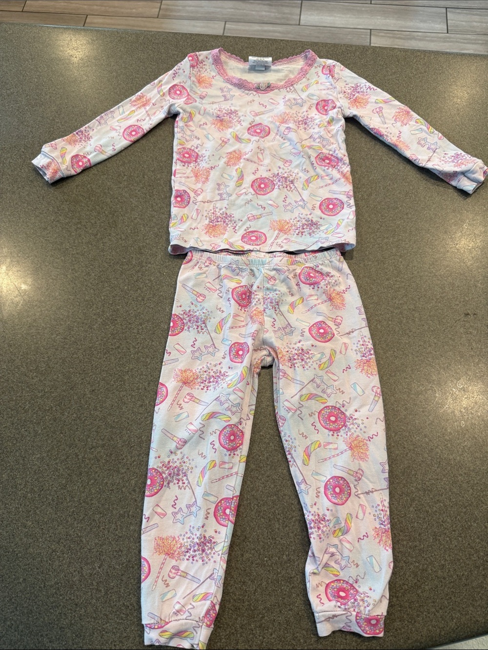 Girls Pink Donut & Candy Print Pajama Set - Long Sleeve Top & Jogger Pants